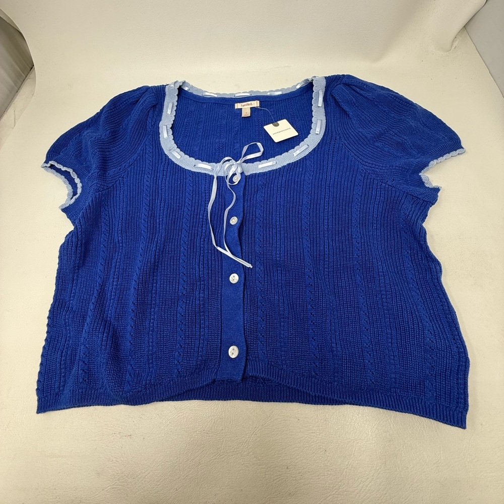 Anthropologie LyreBird Pointelle SS Cardigan Sweater blue NWT sz M
